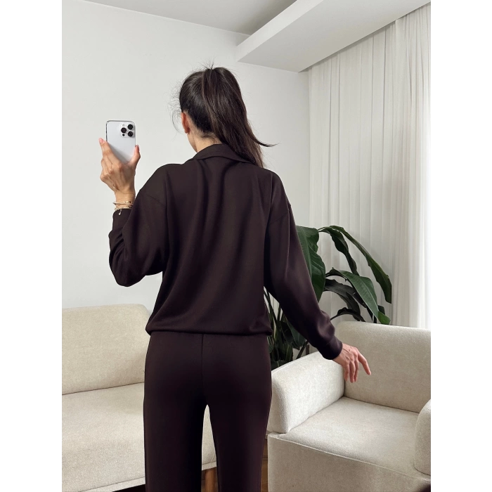 Modal Fermuar Sweat & Pantolon Takım - KAHVE