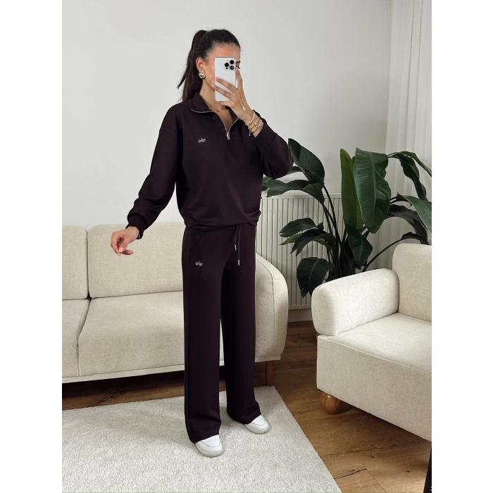 Modal Fermuar Sweat & Pantolon Takım - KAHVE