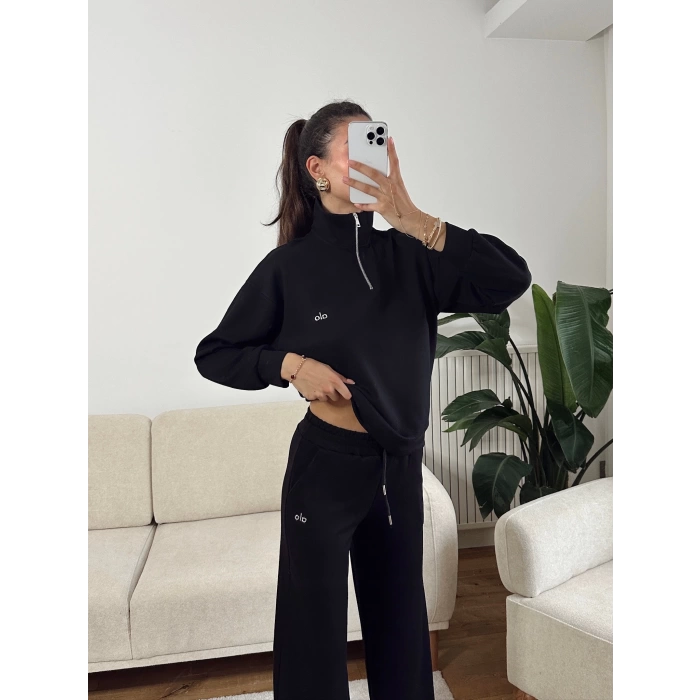 Modal Fermuar Sweat & Pantolon Takım - SİYAH