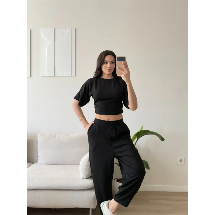 Modal Yan Büzgü Crop İkili Takım - SİYAH
