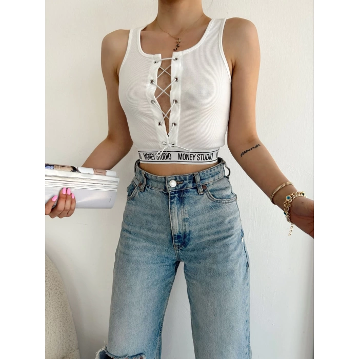 Money Studio Bağlamalı Crop-BEYAZ