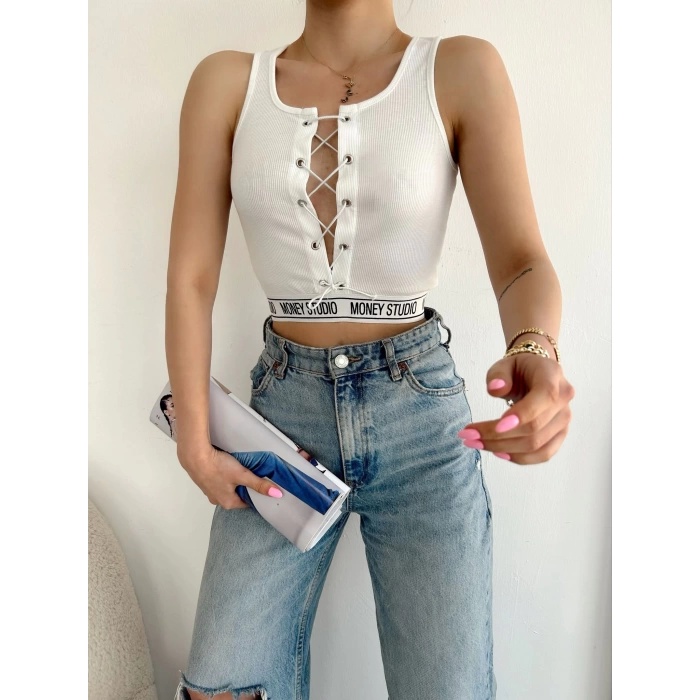 Money Studio Bağlamalı Crop-BEYAZ