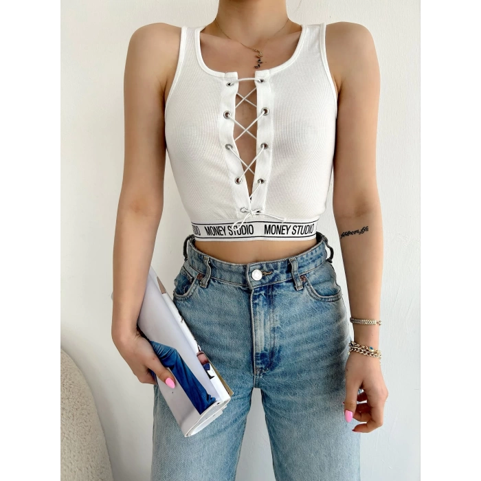 Money Studio Bağlamalı Crop-BEYAZ