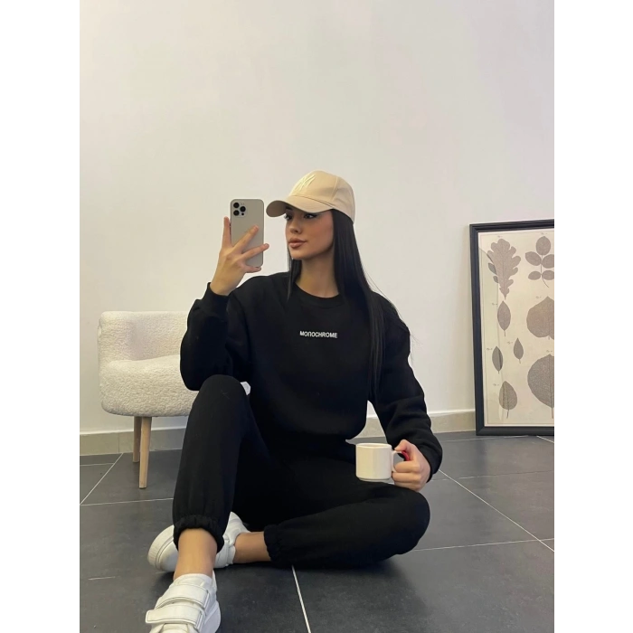 Monochrome Üç İplik Eşofman Takımı - SİYAH