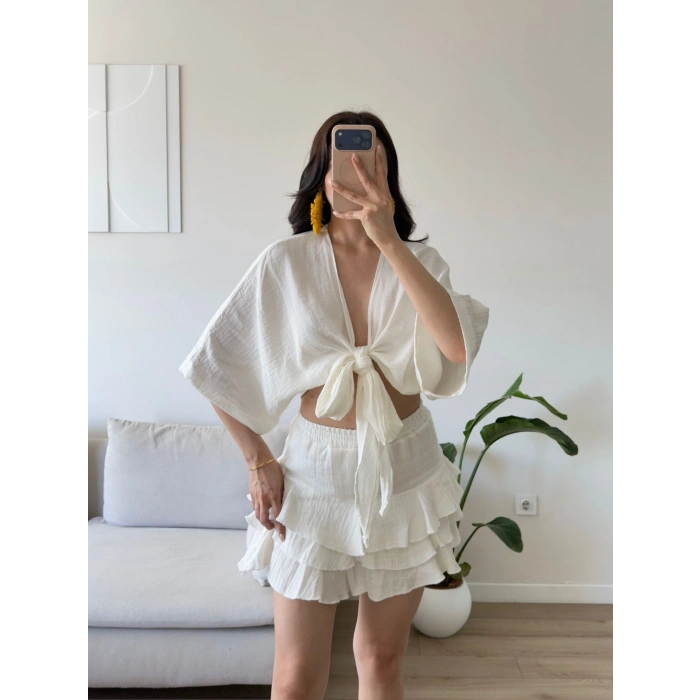 Müslin Kimono Etekli Takım - BEYAZ