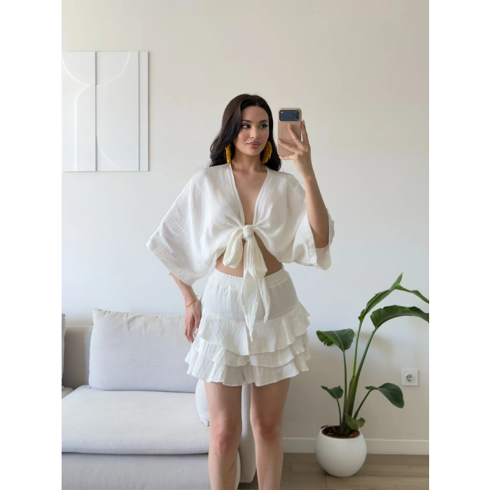 Müslin Kimono Etekli Takım - BEYAZ
