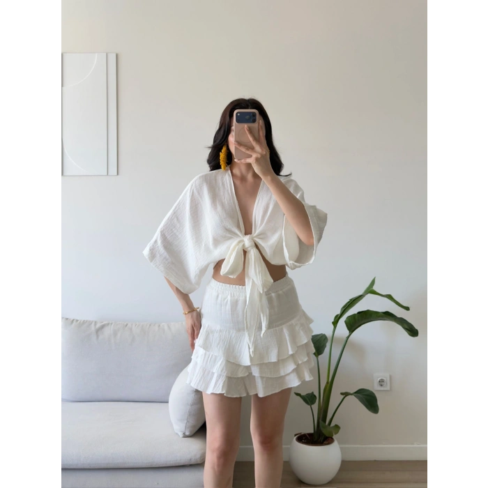 Müslin Kimono Etekli Takım - BEYAZ