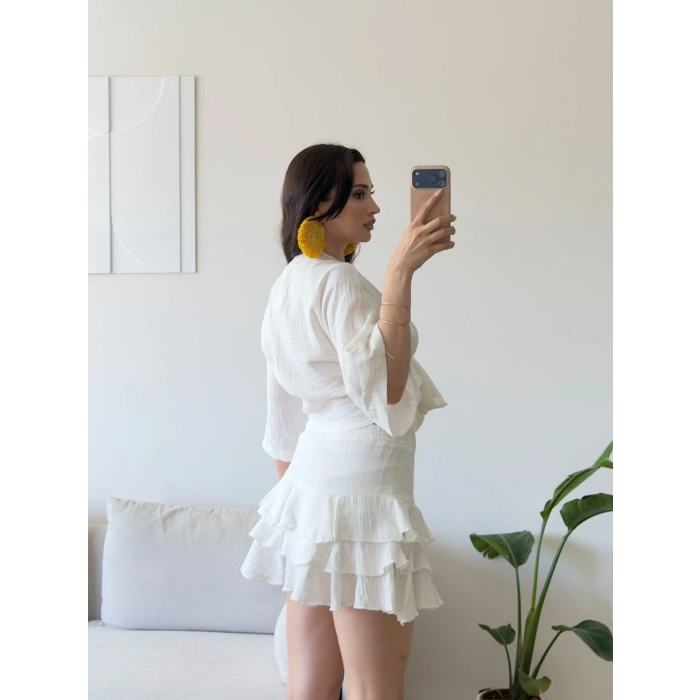Müslin Kimono Etekli Takım - BEYAZ