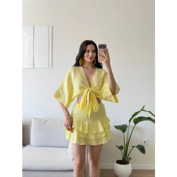 Müslin Kimono Etekli Takım - SARI