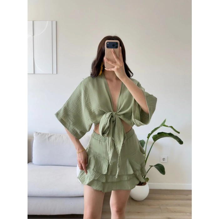 Müslin Kimono Etekli Takım - YEŞİL