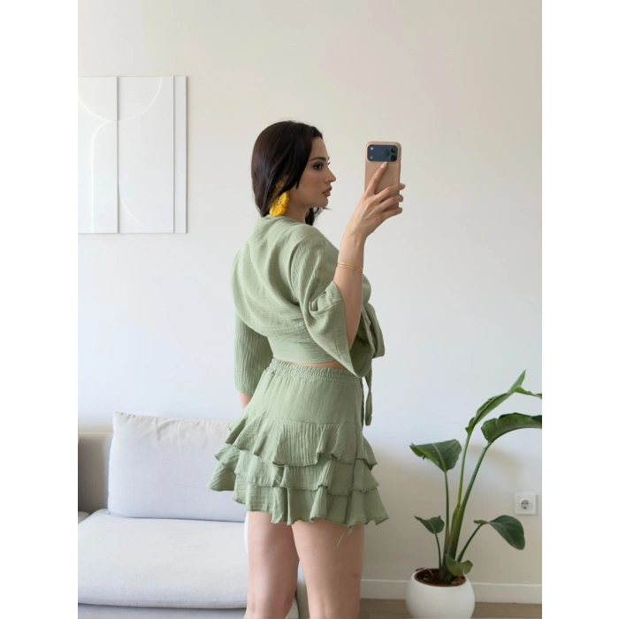 Müslin Kimono Etekli Takım - YEŞİL