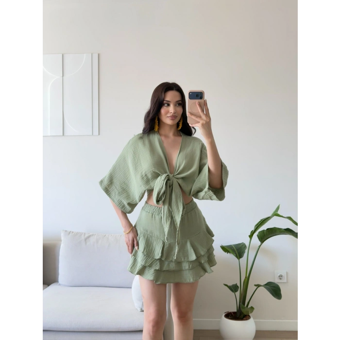 Müslin Kimono Etekli Takım - YEŞİL