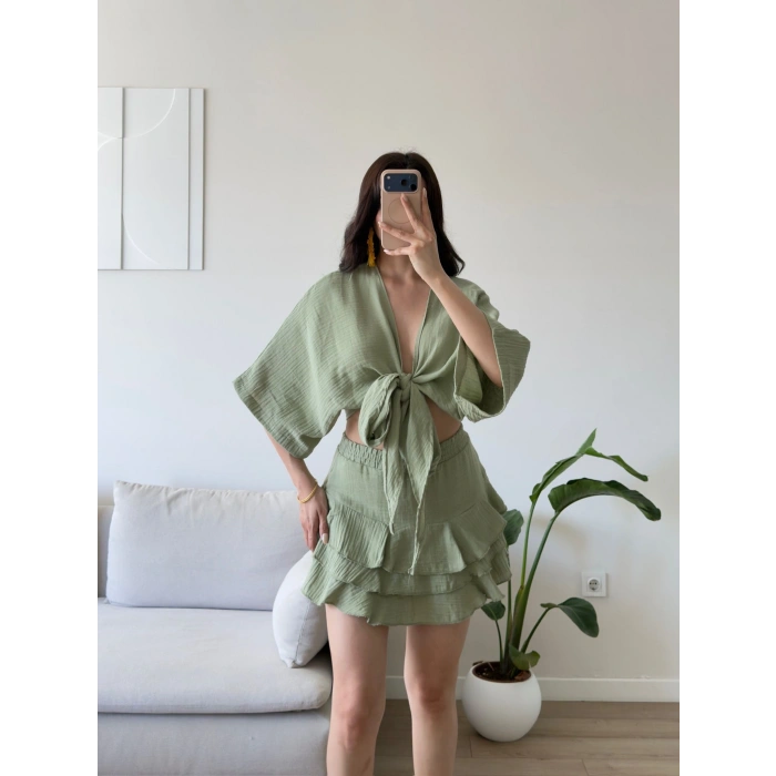 Müslin Kimono Etekli Takım - YEŞİL
