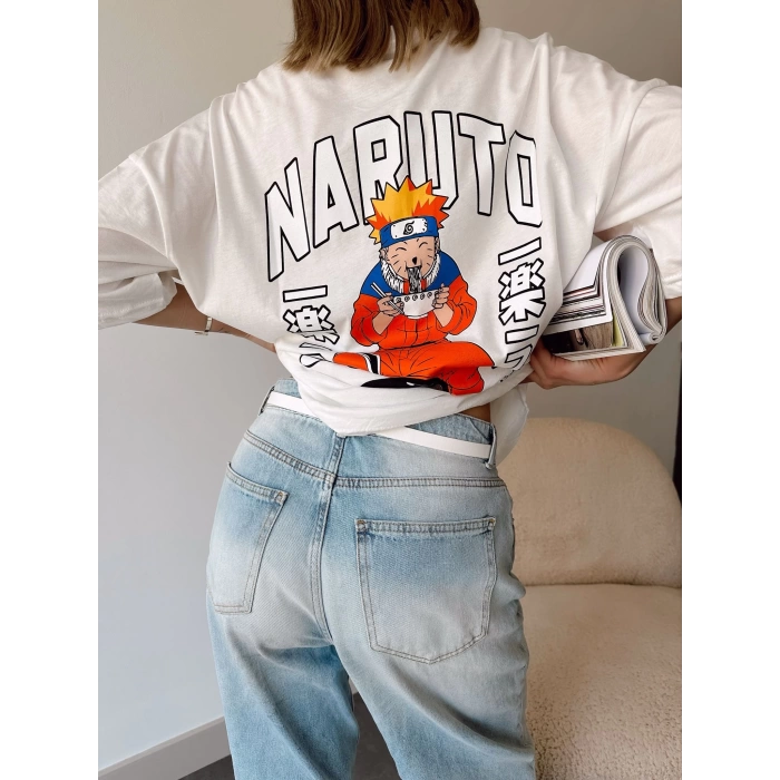 Naruto Sırt Baskı Unisex Oversize T-shirt-BEYAZ