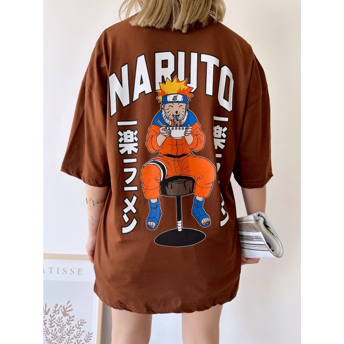 Naruto Sırt Baskı Unisex Oversize T-shirt-KAHVE