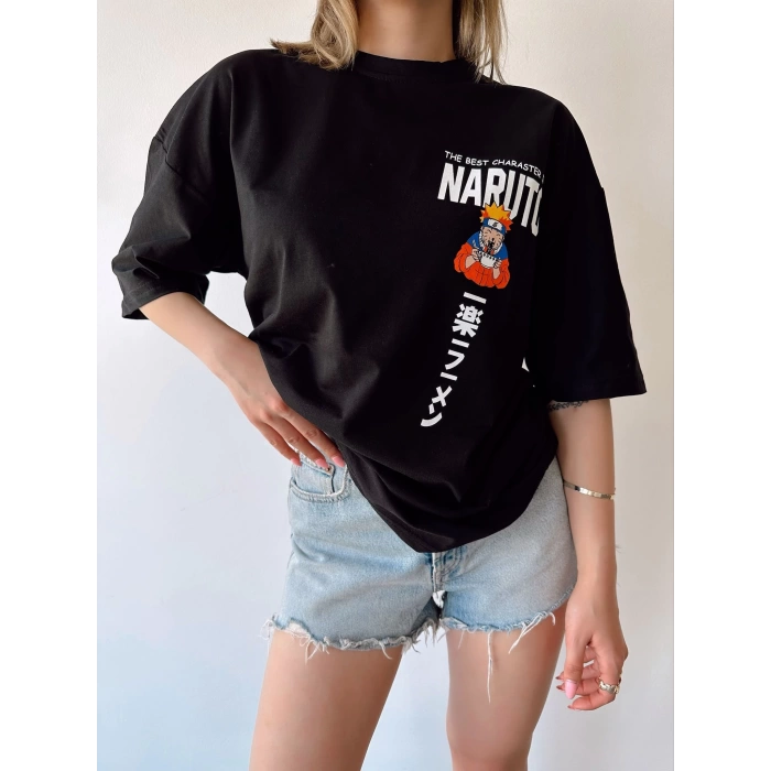 Naruto Sırt Baskı Unisex Oversize T-shirt-SİYAH