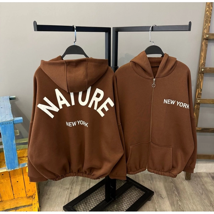 Nature New York Unisex Oversize Kapüşonlu Hırka-KAHVE