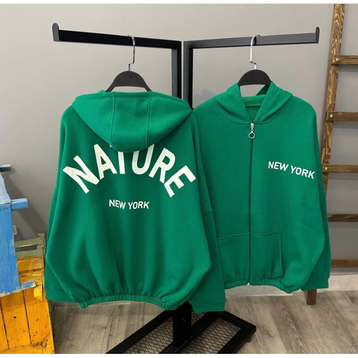 Nature New York Unisex Oversize Kapüşonlu Hırka-YEŞİL