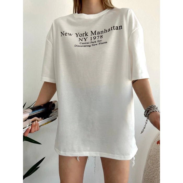 New York Manhattan Unisex Oversize T-shirt-BEYAZ