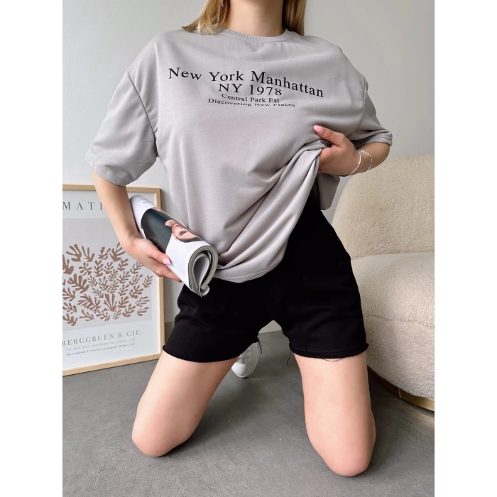 New York Manhattan Unisex Oversize T-shirt-GRİ