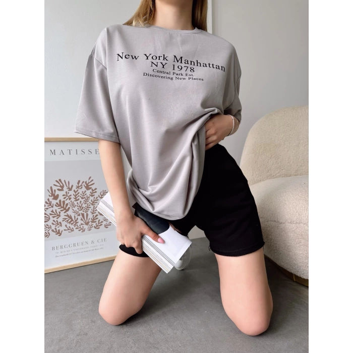 New York Manhattan Unisex Oversize T-shirt-GRİ