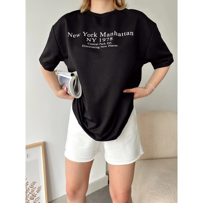 New York Manhattan Unisex Oversize T-shirt-SİYAH