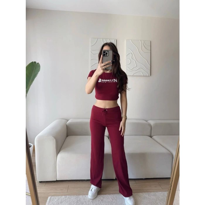 NY Crop & Pantolon Takım - BORDO