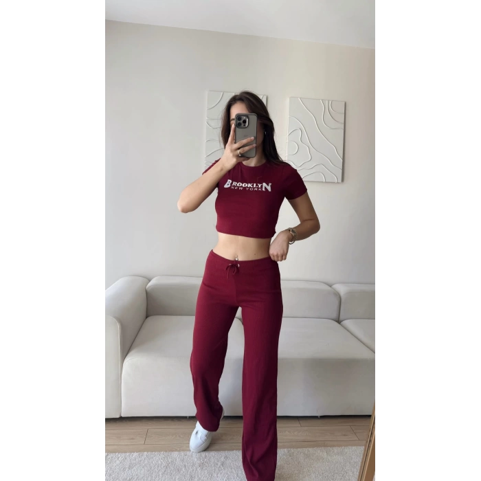 NY Crop & Pantolon Takım - BORDO