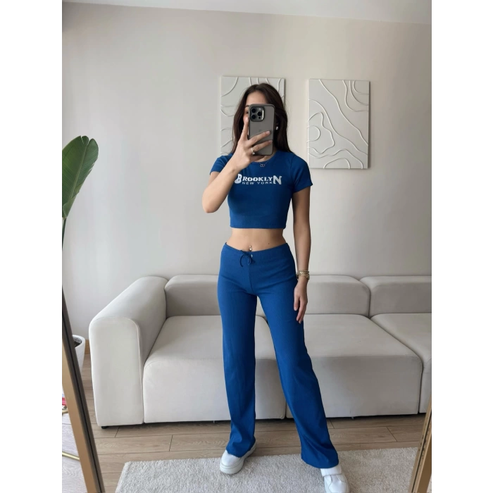 NY Crop & Pantolon Takım - SAKS MAVİSİ
