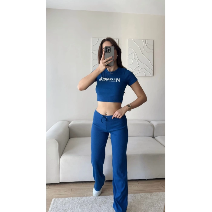 NY Crop & Pantolon Takım - SAKS MAVİSİ