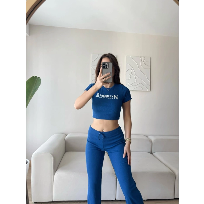 NY Crop & Pantolon Takım - SAKS MAVİSİ