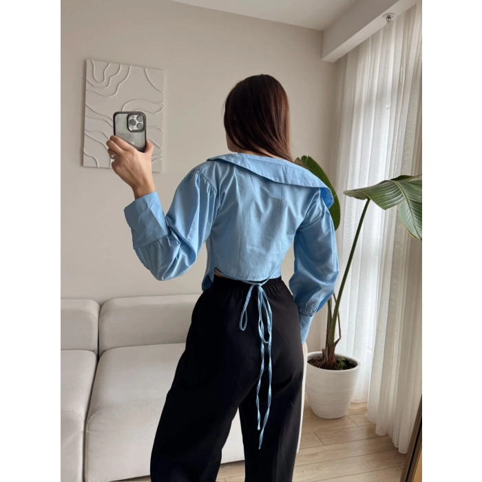 Omuz Açık Asimetrik Gömlek - BEBE MAVİSİ