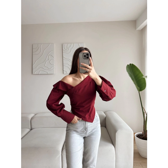 Omuz Açık Asimetrik Gömlek - BORDO