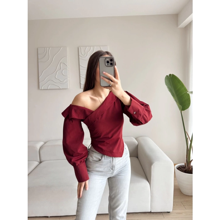 Omuz Açık Asimetrik Gömlek - BORDO