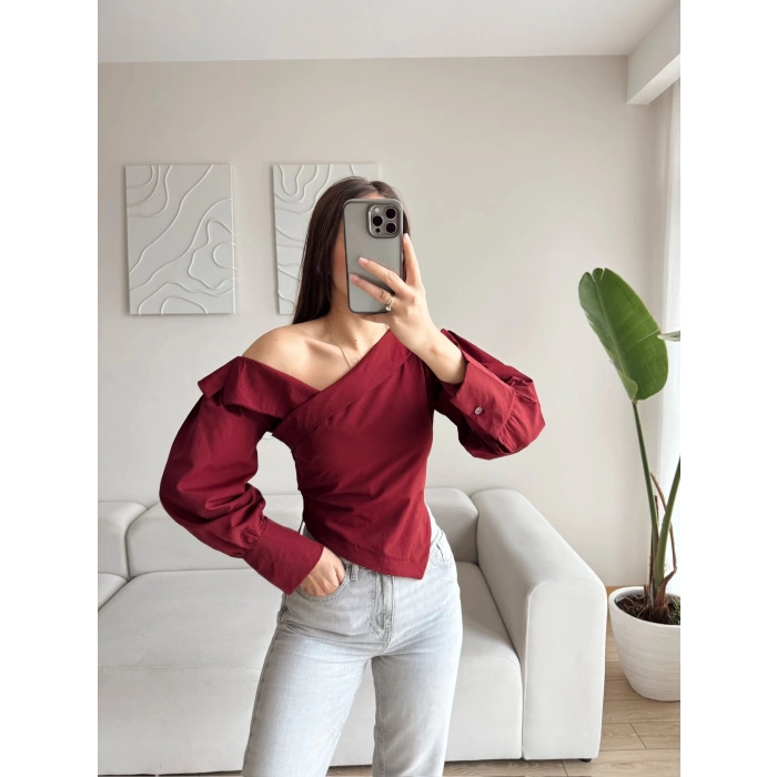 Omuz Açık Asimetrik Gömlek - BORDO