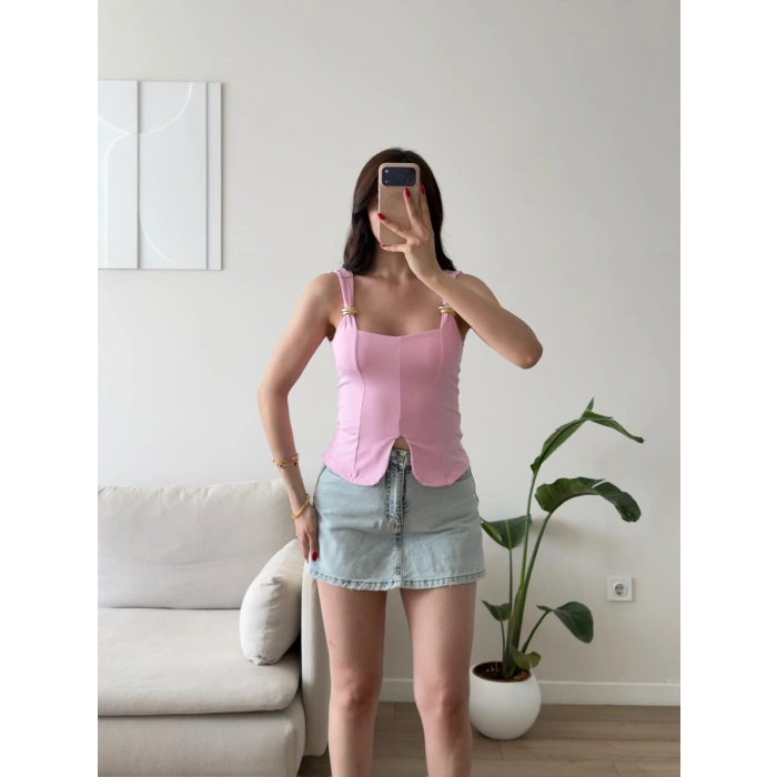 Omuz Aksesuar Bluz - PEMBE