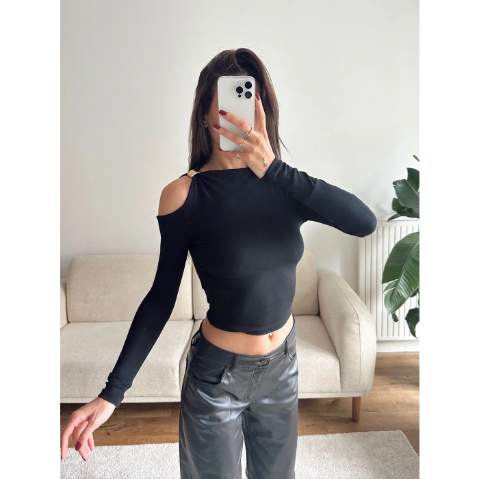 Omuz Aksesuar Crop - SİYAH