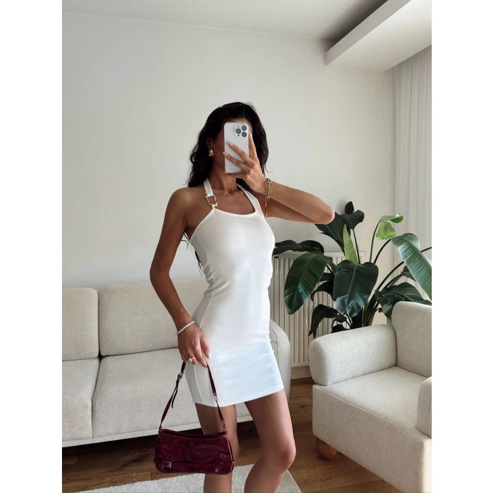 Omuz Aksesuar Elbise - BEYAZ