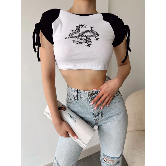 Omuz Bağlamalı Ejder Baskı Crop-BEYAZ