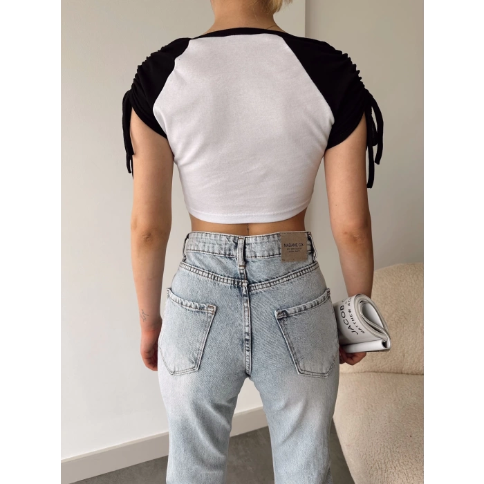 Omuz Bağlamalı Ejder Baskı Crop-BEYAZ
