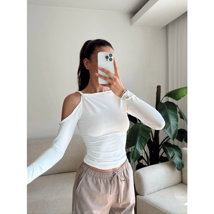 Omuz Burgu Crop - BEYAZ