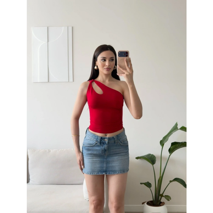 Omuz Burgu Crop - KIRMIZI