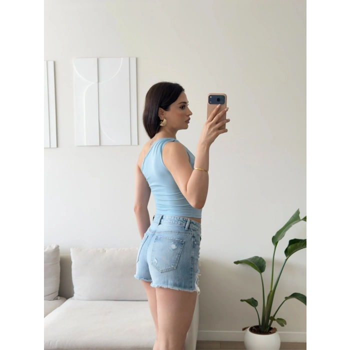 Omuz Burgu Crop - MAVİ