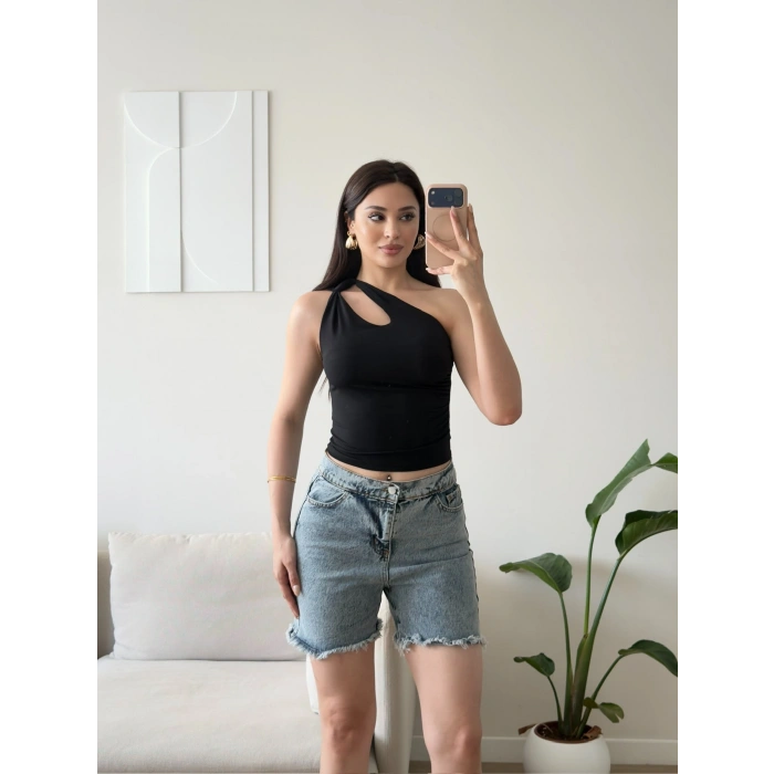 Omuz Burgu Crop - SİYAH