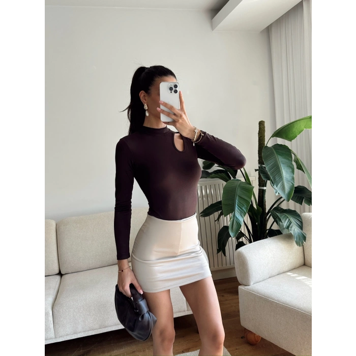 Buzzy Kumaş Damla Bodysuit - KAHVE