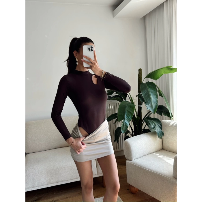 Buzzy Kumaş Damla Bodysuit - KAHVE