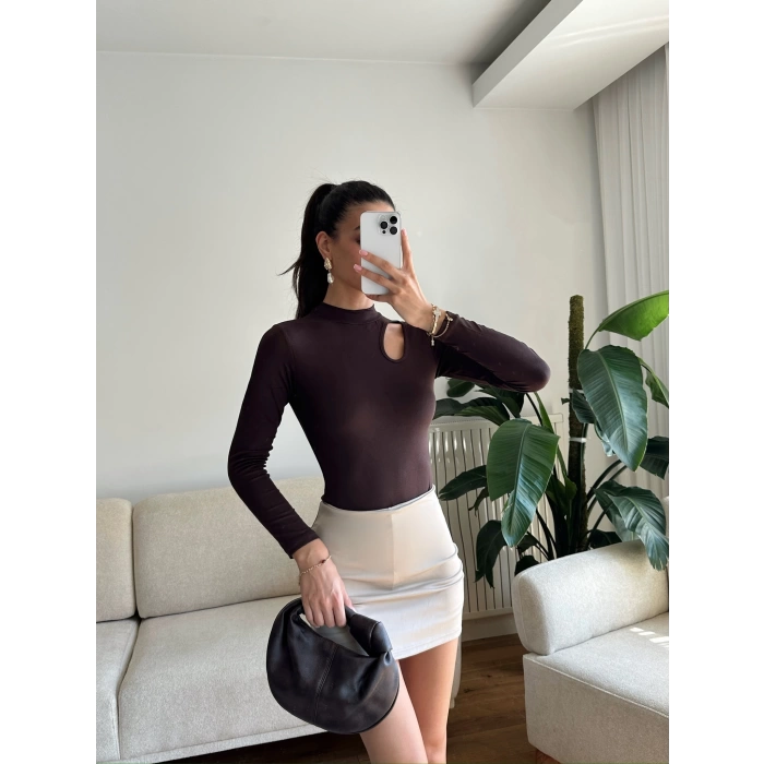 Buzzy Kumaş Damla Bodysuit - KAHVE