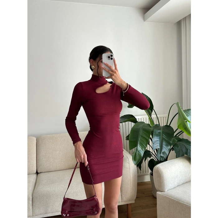 Omuz Damla Elbise - BORDO