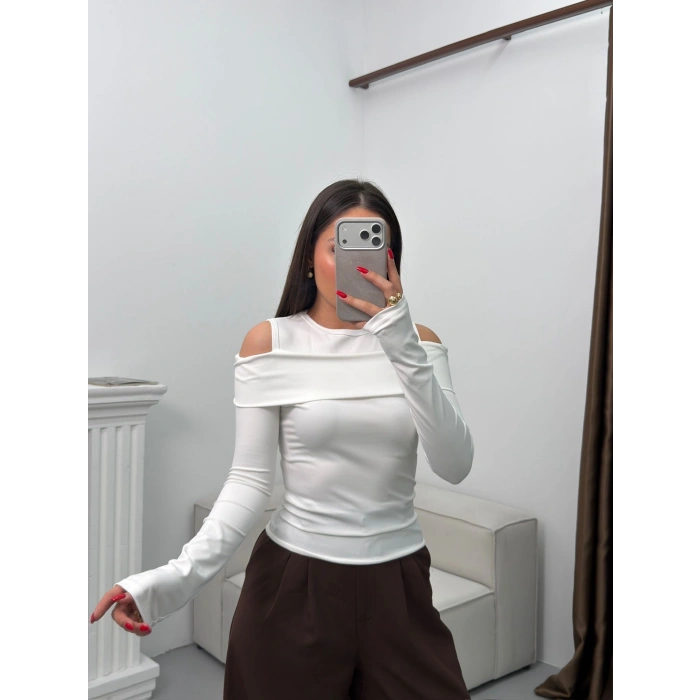 Omuz Damla Madonna Bluz - BEYAZ