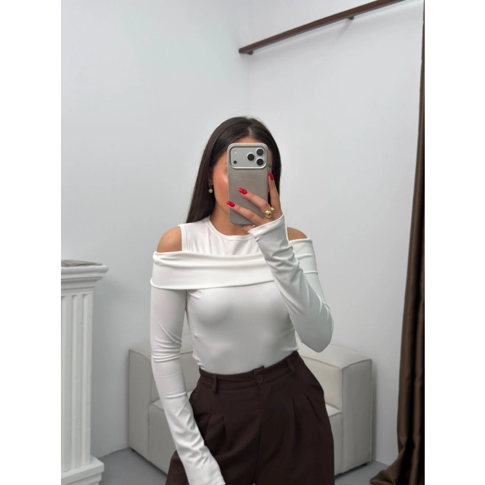 Omuz Damla Madonna Bluz - BEYAZ